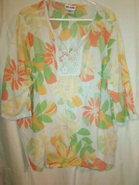 Women's BLAIR 3/4 sleeve Flower Blouse Shirt Size 2XL embroidered Top vintage?